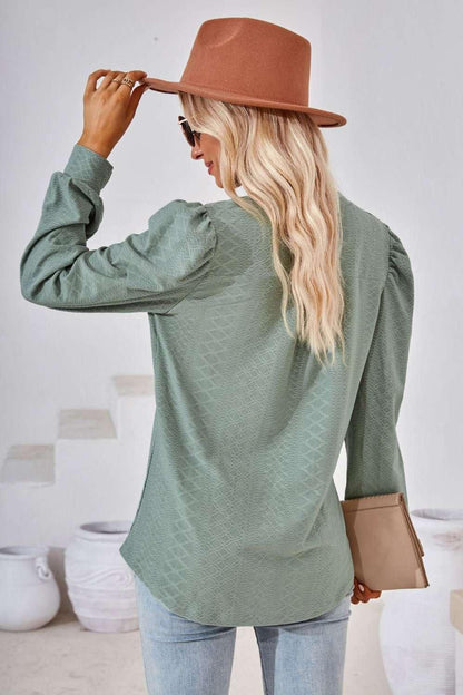 V - Neck Puff Sleeve Blouse - VILLA FASHION