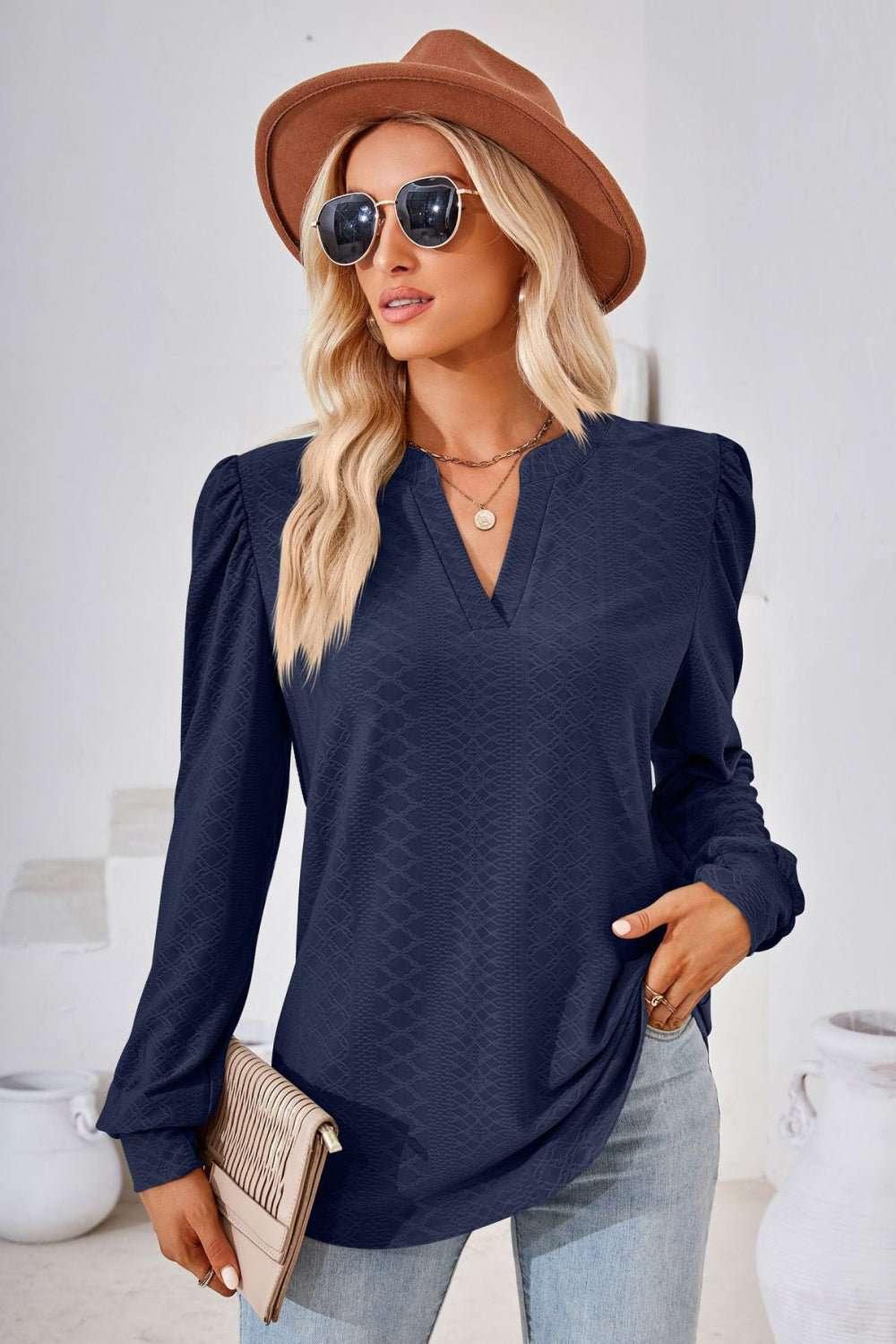V - Neck Puff Sleeve Blouse - VILLA FASHION