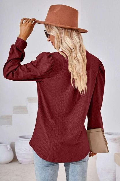 V - Neck Puff Sleeve Blouse - VILLA FASHION