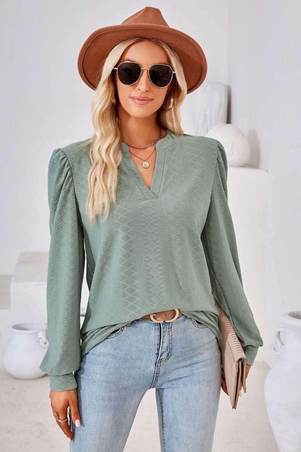 V - Neck Puff Sleeve Blouse - VILLA FASHION