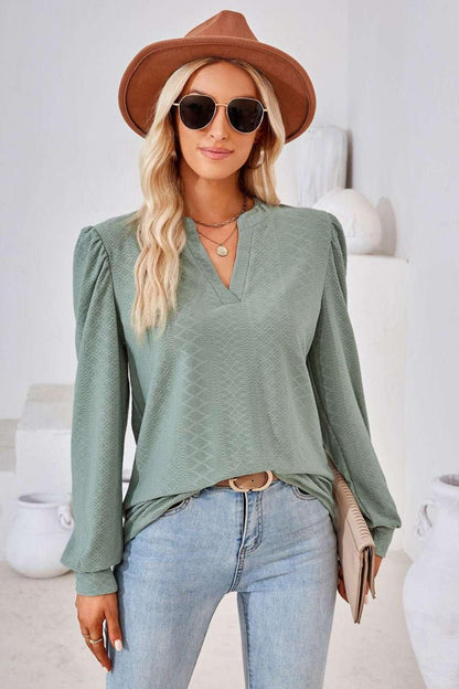 V - Neck Puff Sleeve Blouse - VILLA FASHION