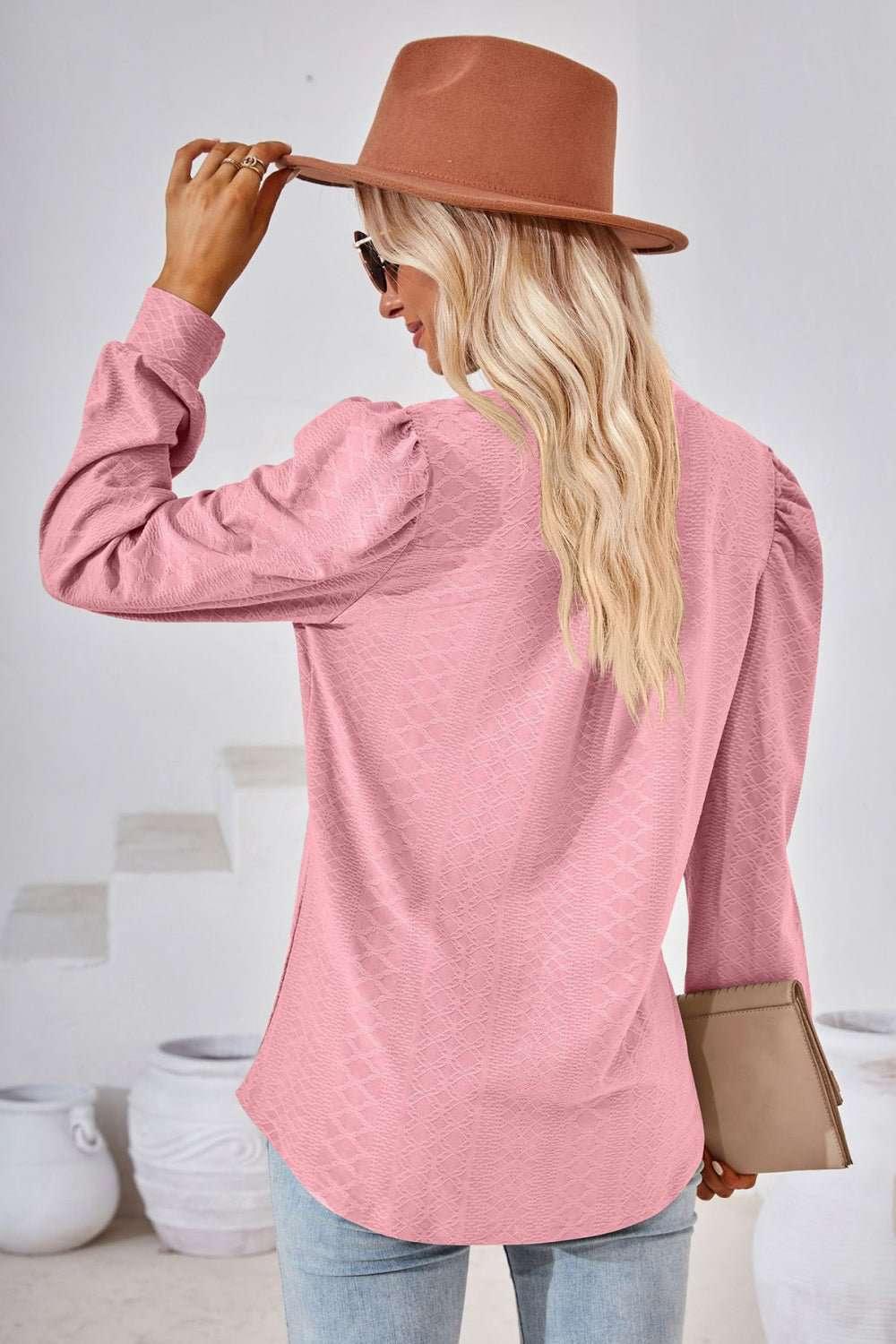 V - Neck Puff Sleeve Blouse - VILLA FASHION