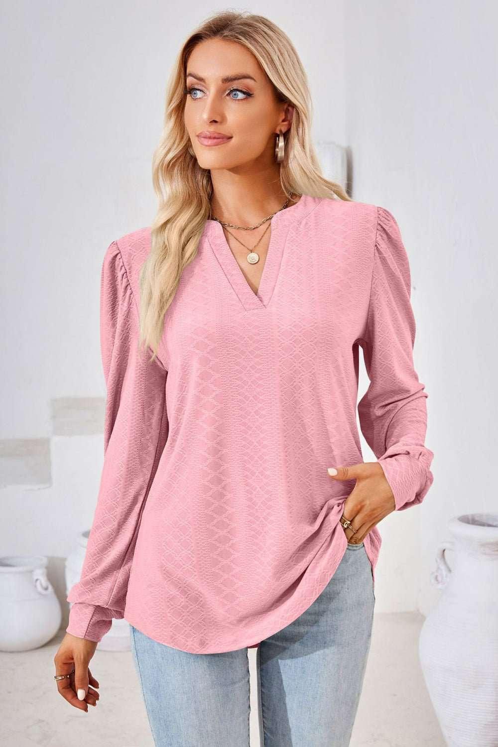 V - Neck Puff Sleeve Blouse - VILLA FASHION