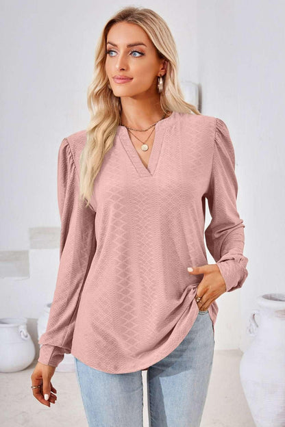 V - Neck Puff Sleeve Blouse - VILLA FASHION