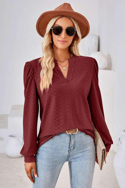 V - Neck Puff Sleeve Blouse - VILLA FASHION