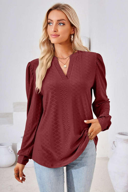 V - Neck Puff Sleeve Blouse - VILLA FASHION