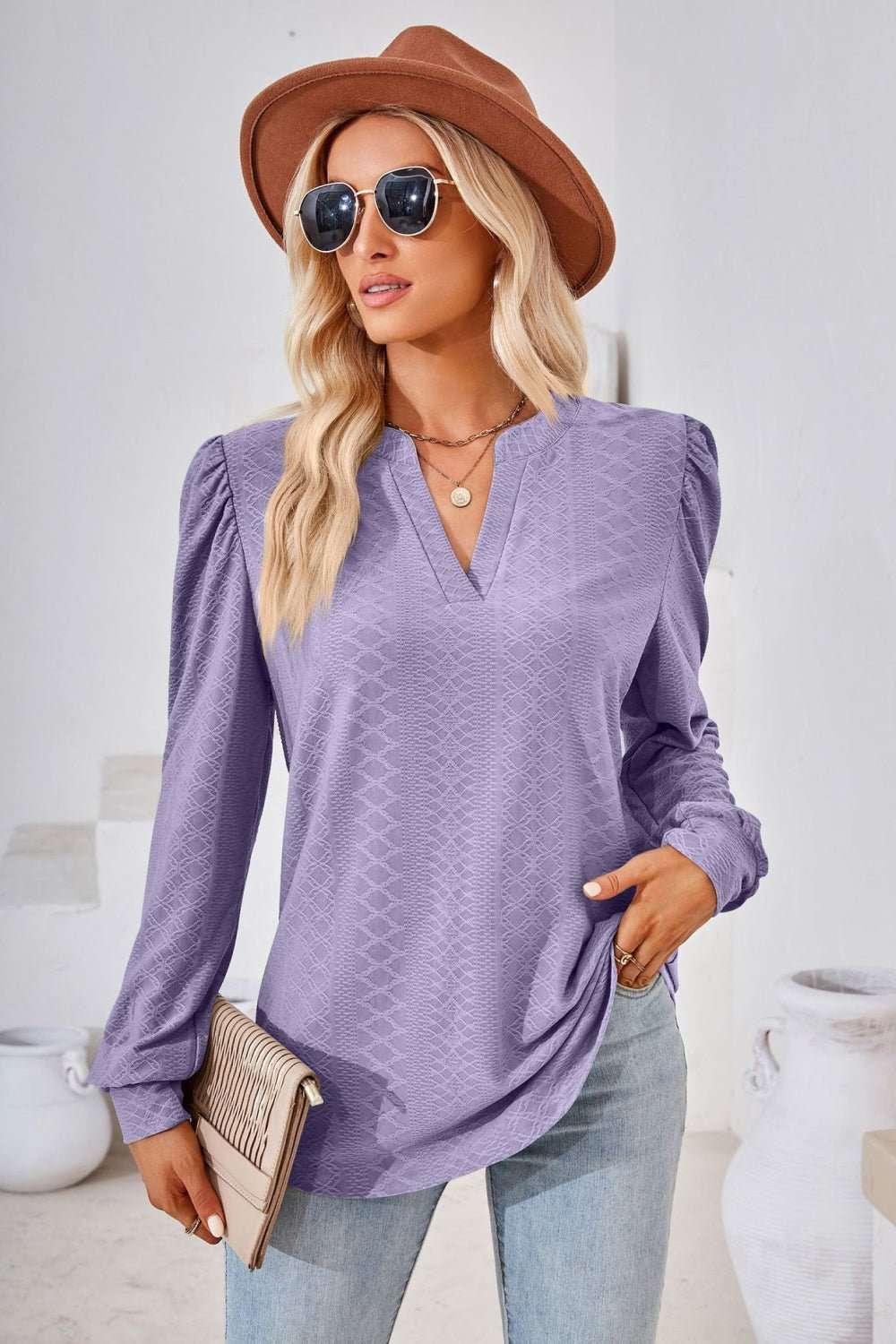 V - Neck Puff Sleeve Blouse - VILLA FASHION