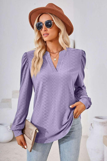 V - Neck Puff Sleeve Blouse - VILLA FASHION