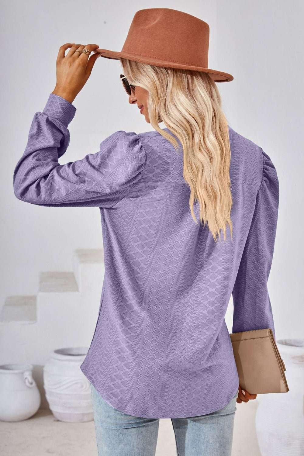 V - Neck Puff Sleeve Blouse - VILLA FASHION