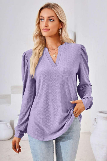 V - Neck Puff Sleeve Blouse - VILLA FASHION