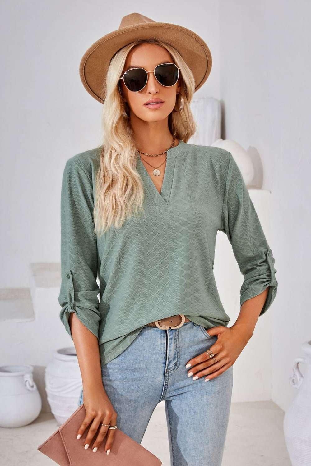 V - Neck Roll - Tap Sleeve Blouse - VILLA FASHION