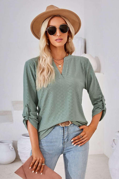 V - Neck Roll - Tap Sleeve Blouse - VILLA FASHION