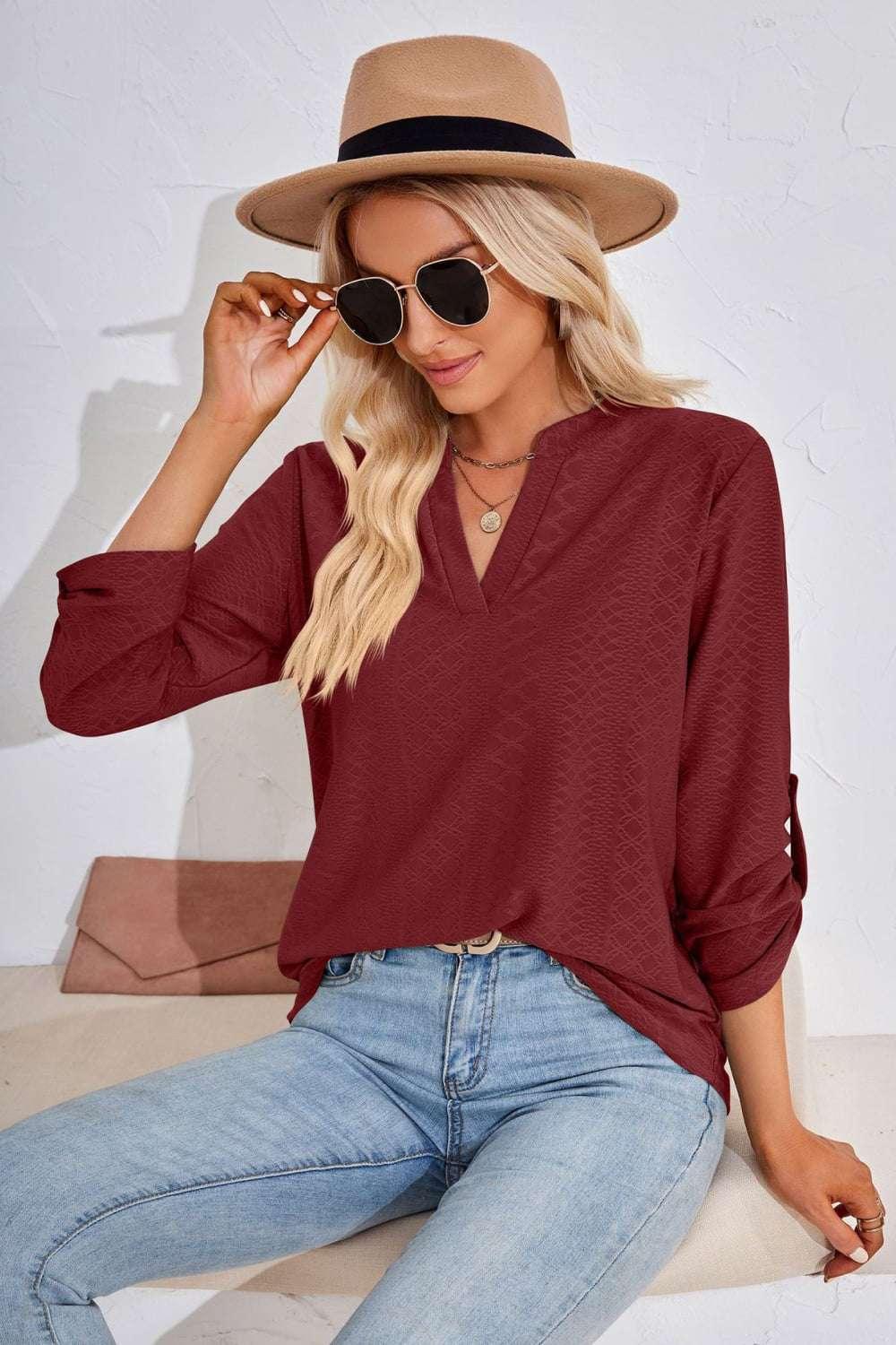 V - Neck Roll - Tap Sleeve Blouse - VILLA FASHION