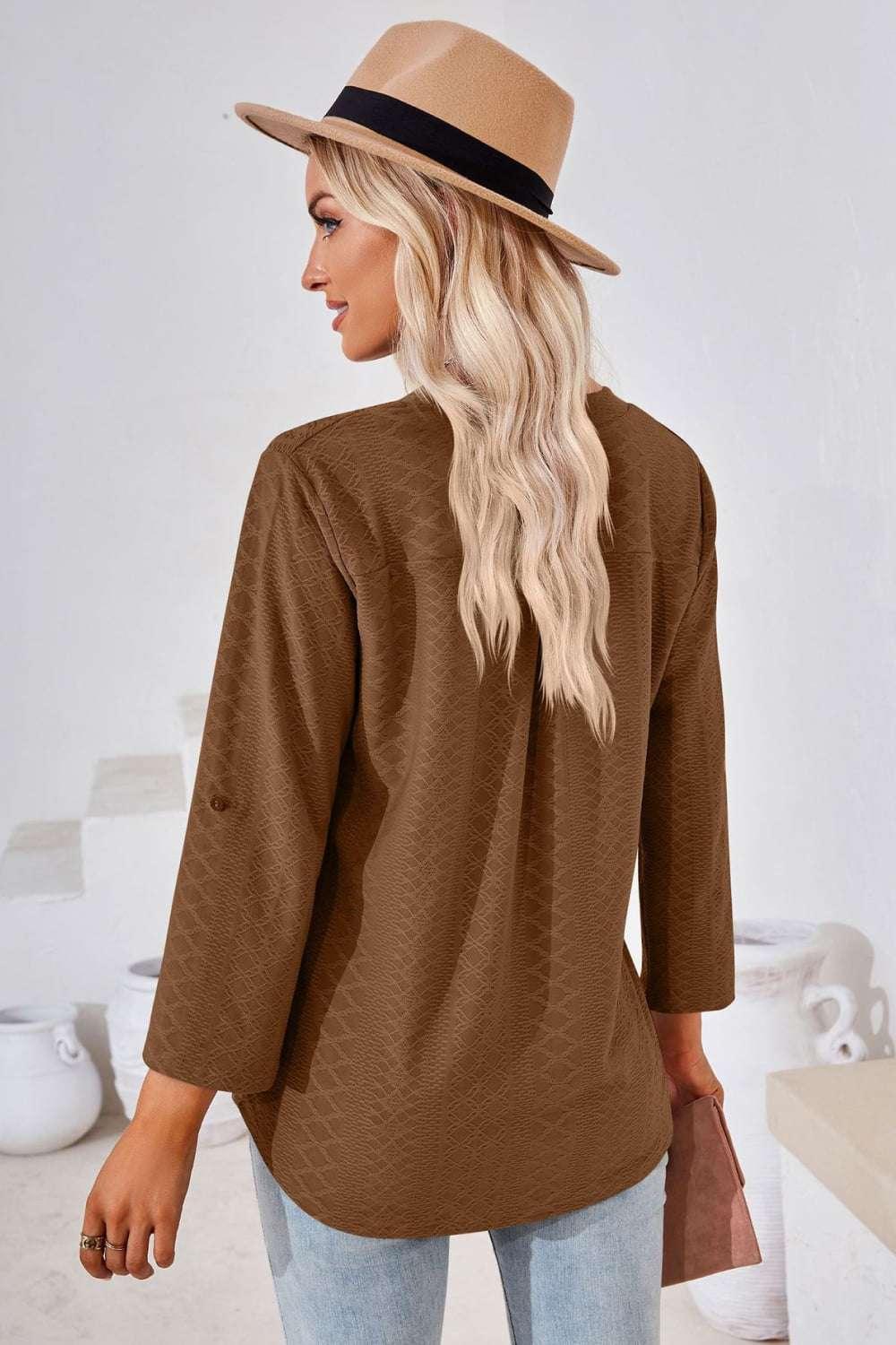 V - Neck Roll - Tap Sleeve Blouse - VILLA FASHION