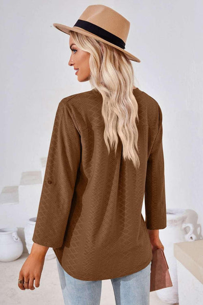 V - Neck Roll - Tap Sleeve Blouse - VILLA FASHION