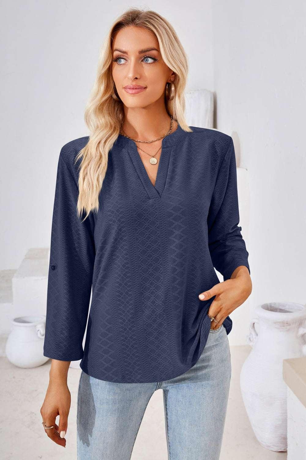 V - Neck Roll - Tap Sleeve Blouse - VILLA FASHION