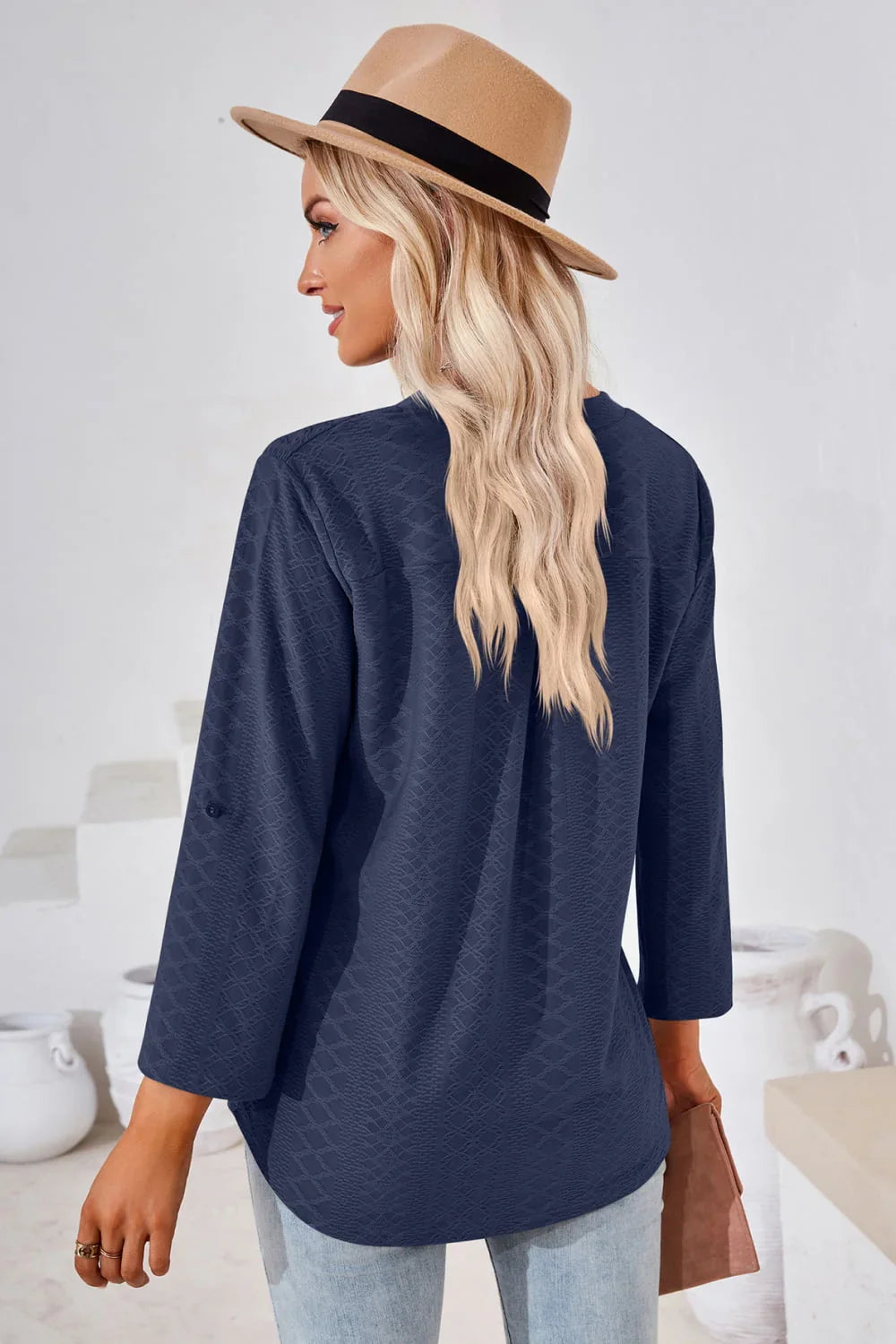 V - Neck Roll - Tap Sleeve Blouse - VILLA FASHION