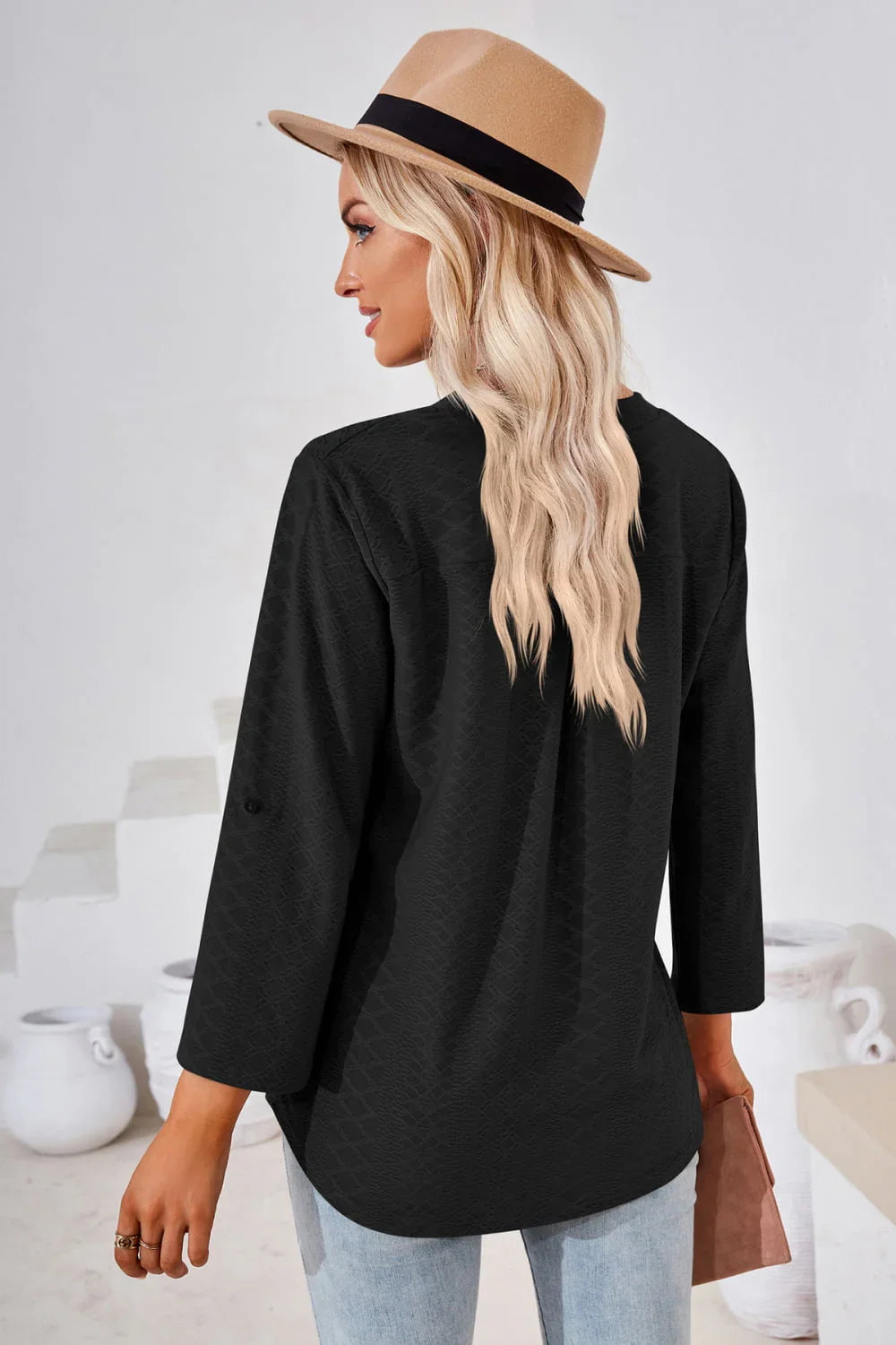 V - Neck Roll - Tap Sleeve Blouse - VILLA FASHION