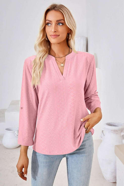 V - Neck Roll - Tap Sleeve Blouse - VILLA FASHION