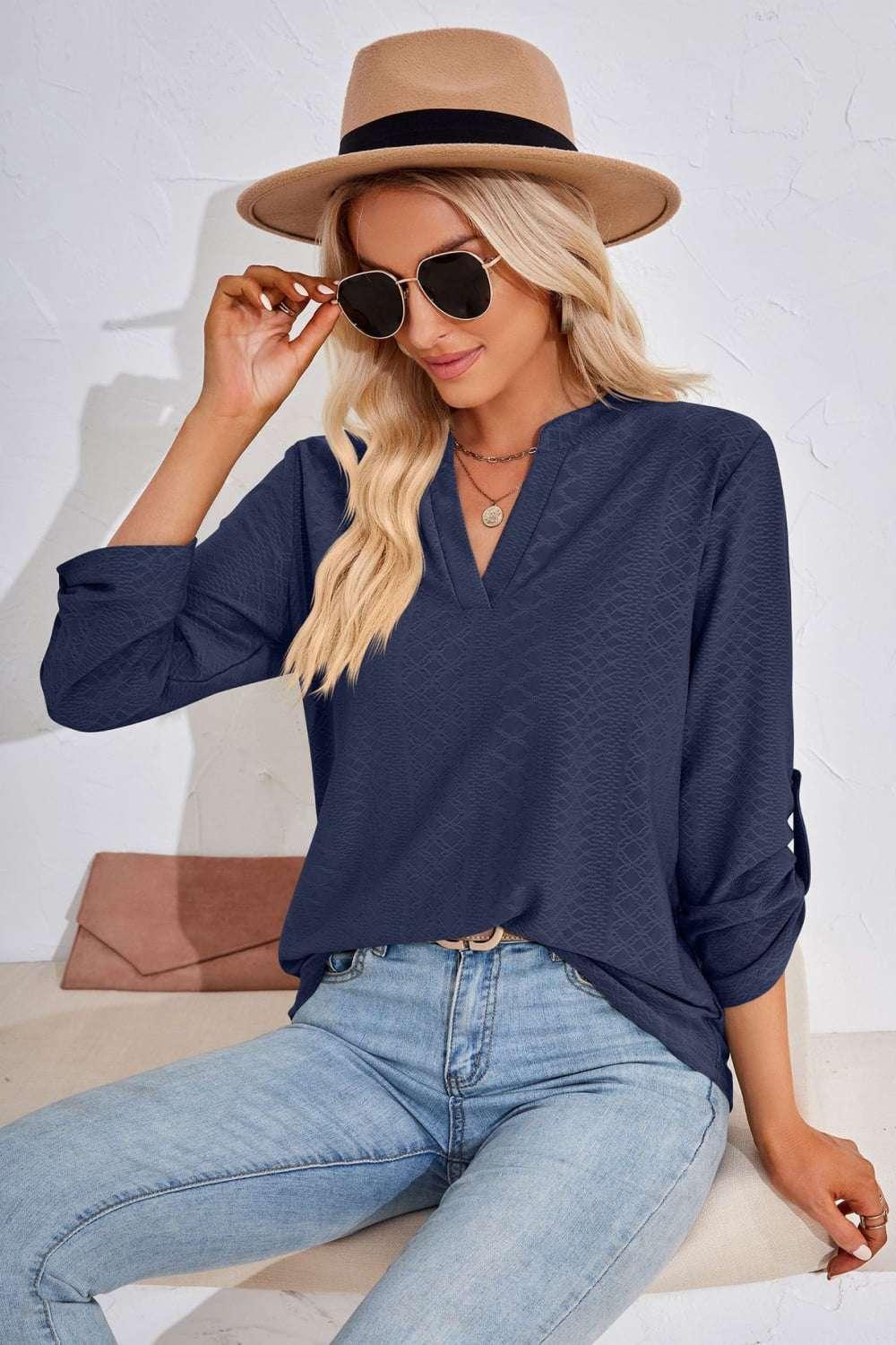 V - Neck Roll - Tap Sleeve Blouse - VILLA FASHION