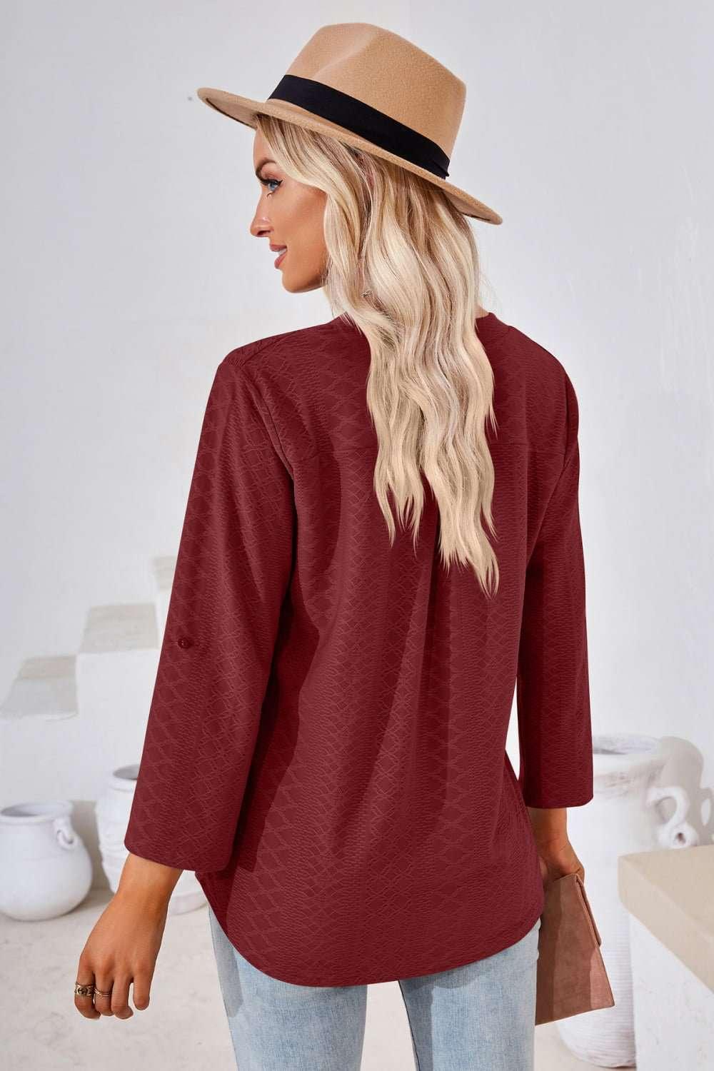 V - Neck Roll - Tap Sleeve Blouse - VILLA FASHION