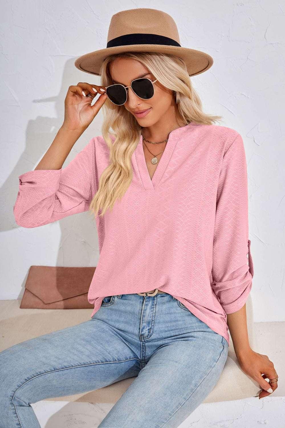 V - Neck Roll - Tap Sleeve Blouse - VILLA FASHION