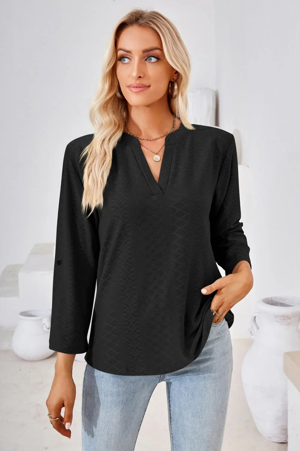 V - Neck Roll - Tap Sleeve Blouse - VILLA FASHION