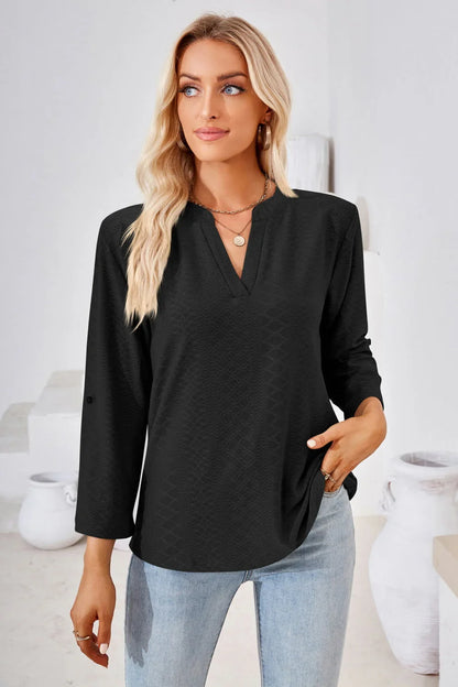 V - Neck Roll - Tap Sleeve Blouse - VILLA FASHION