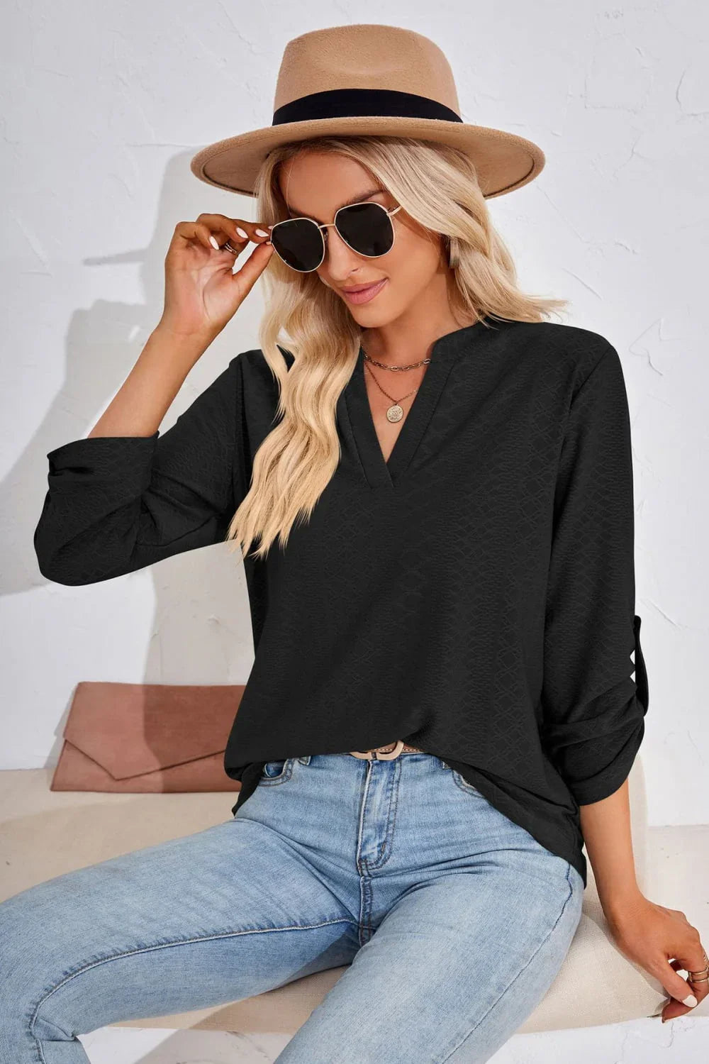 V - Neck Roll - Tap Sleeve Blouse - VILLA FASHION