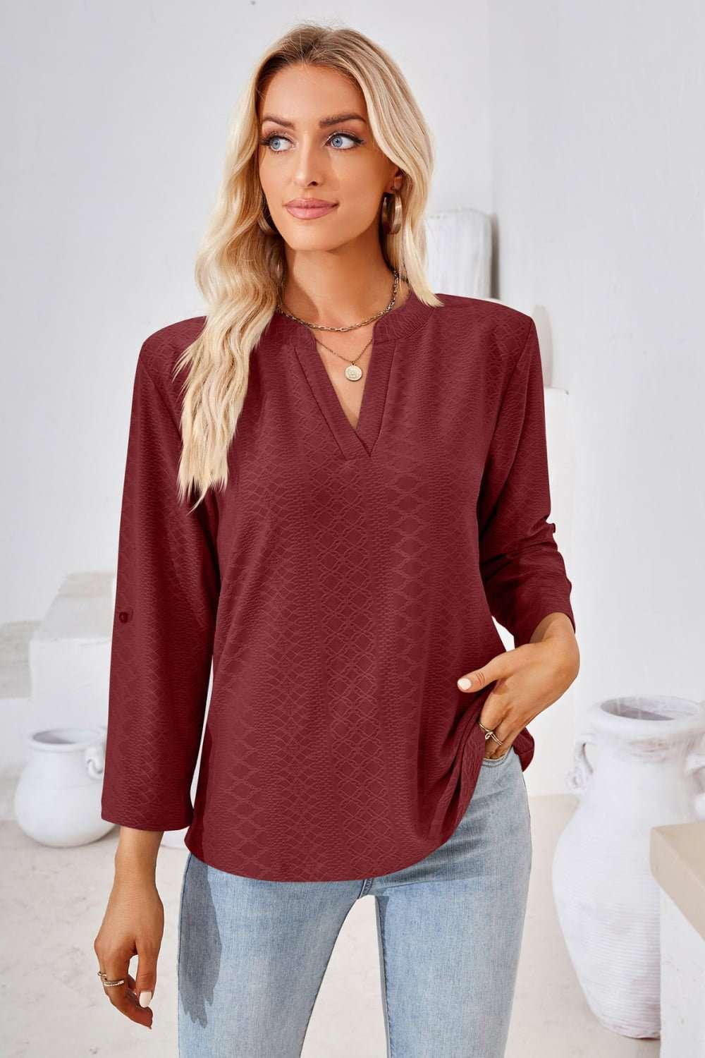 V - Neck Roll - Tap Sleeve Blouse - VILLA FASHION