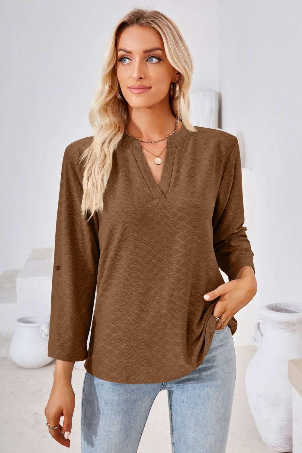 V - Neck Roll - Tap Sleeve Blouse - VILLA FASHION