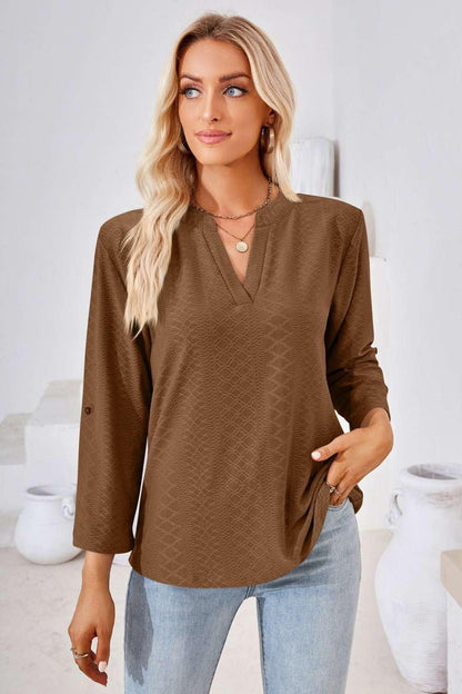 V - Neck Roll - Tap Sleeve Blouse - VILLA FASHION
