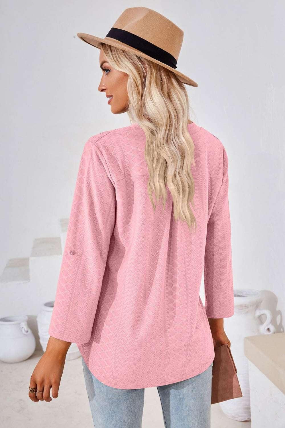 V - Neck Roll - Tap Sleeve Blouse - VILLA FASHION