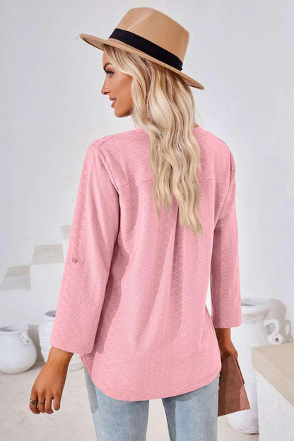 V - Neck Roll - Tap Sleeve Blouse - VILLA FASHION