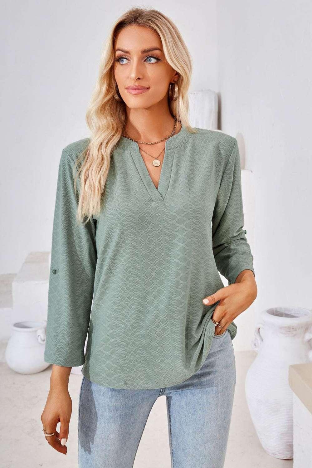 V - Neck Roll - Tap Sleeve Blouse - VILLA FASHION