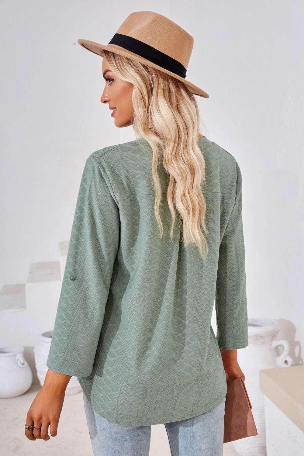 V - Neck Roll - Tap Sleeve Blouse - VILLA FASHION