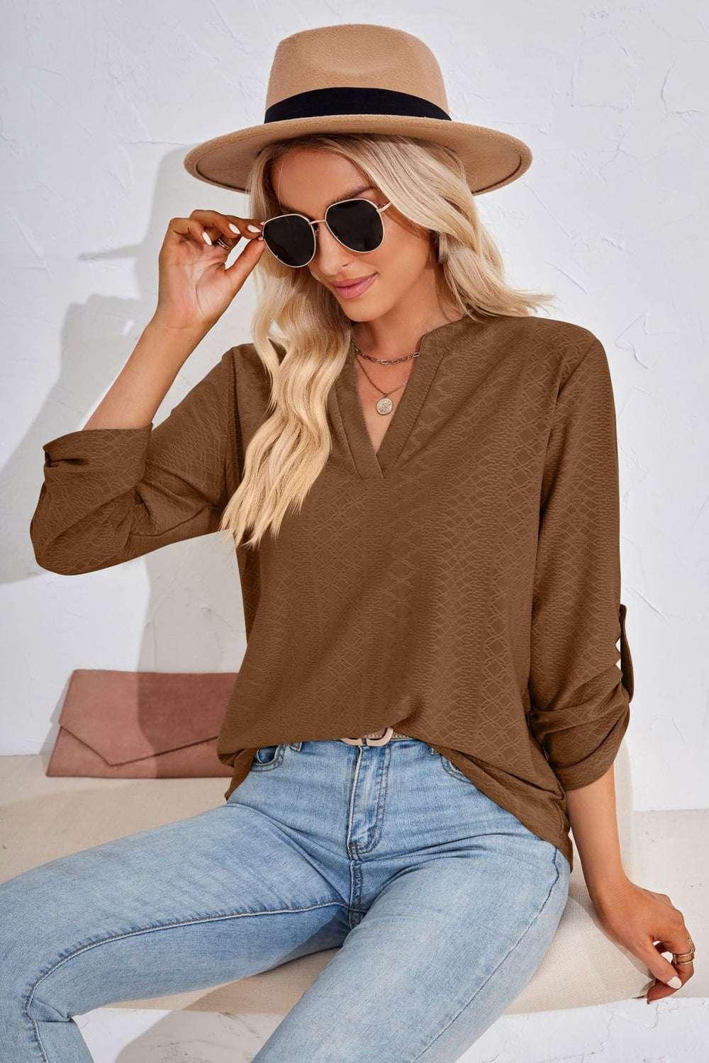 V - Neck Roll - Tap Sleeve Blouse - VILLA FASHION