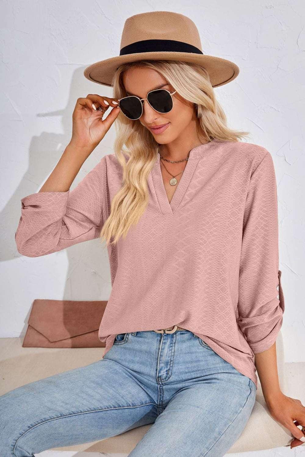 V - Neck Roll - Tap Sleeve Blouse - VILLA FASHION
