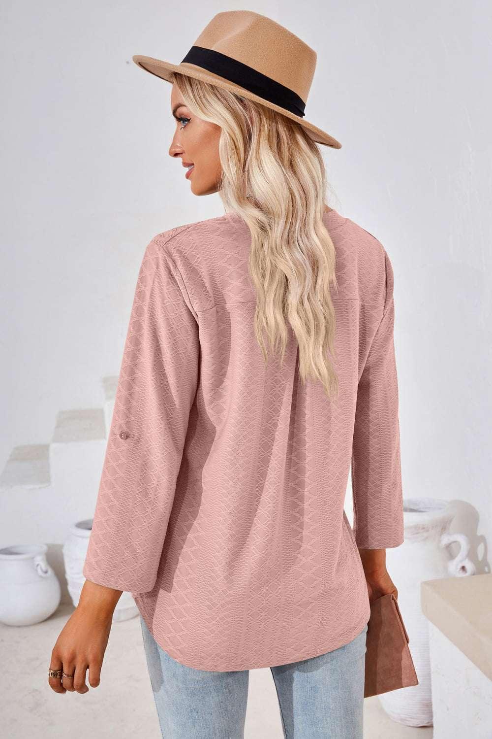 V - Neck Roll - Tap Sleeve Blouse - VILLA FASHION
