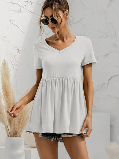 V - Neck Short Sleeve Babydoll Top - VILLA FASHION