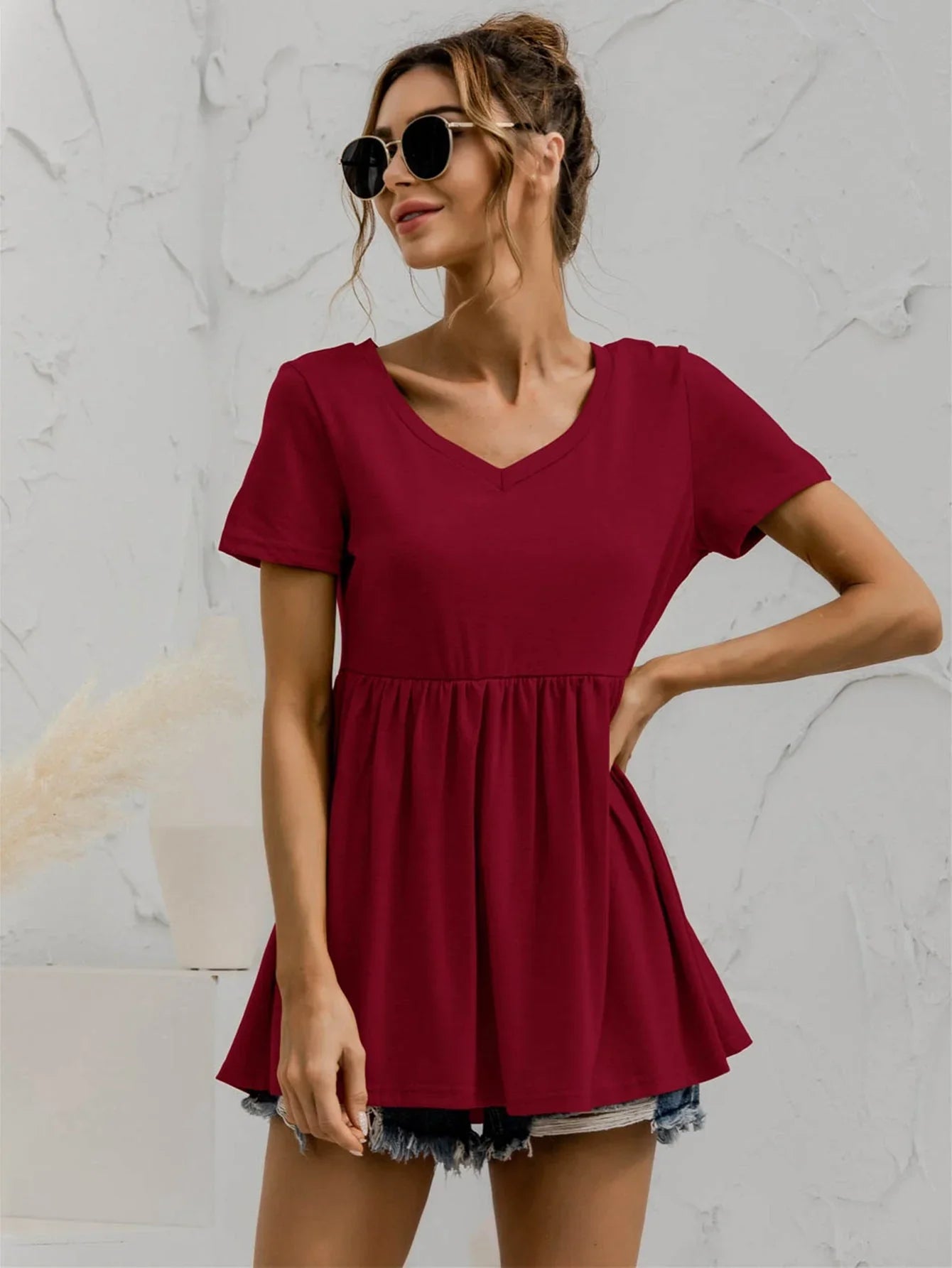 V - Neck Short Sleeve Babydoll Top - VILLA FASHION