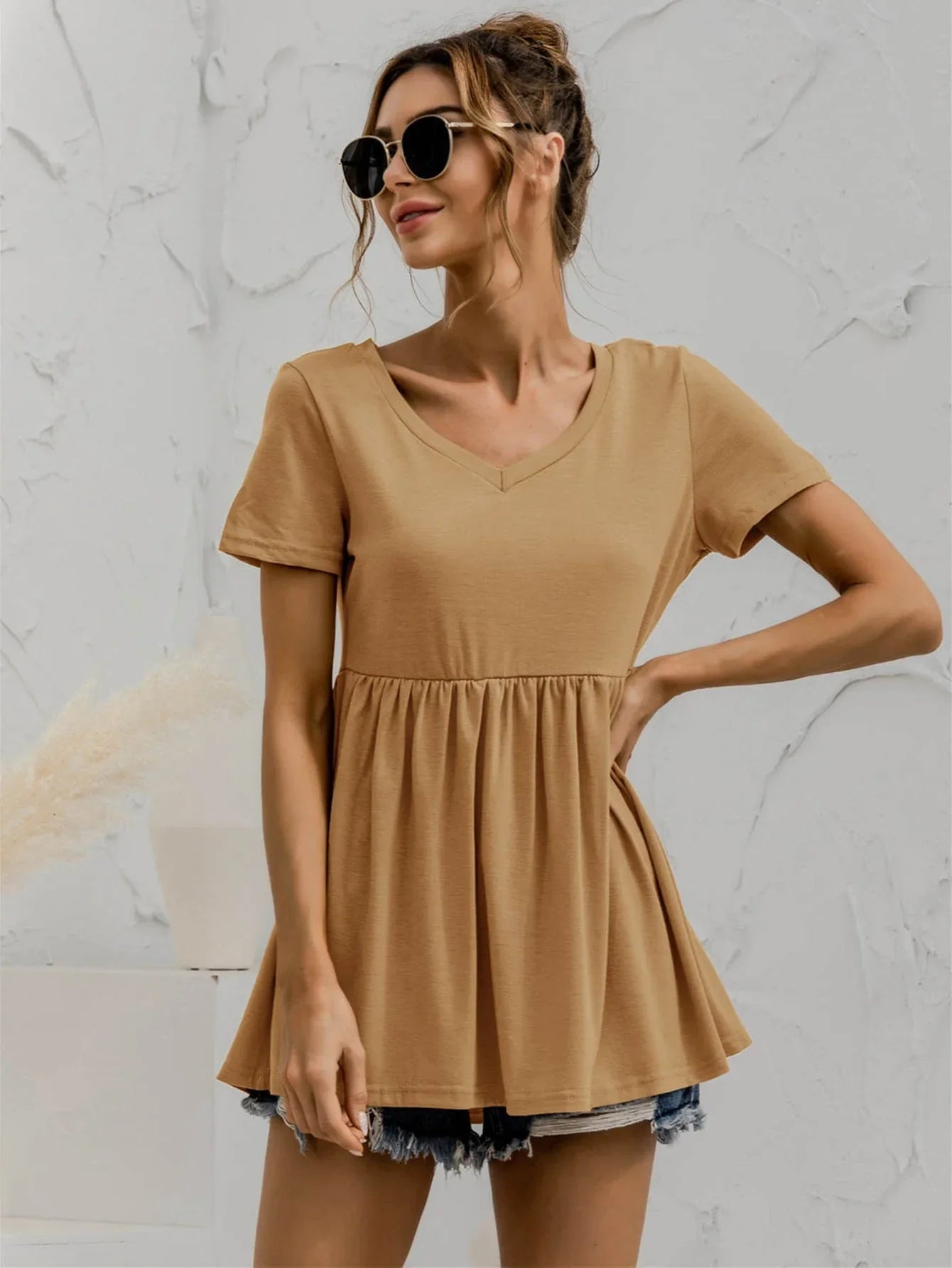 V - Neck Short Sleeve Babydoll Top - VILLA FASHION