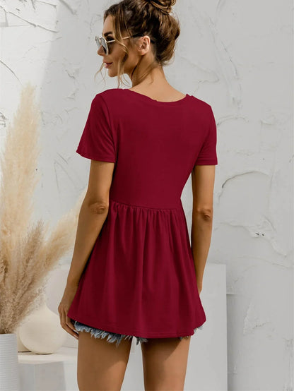 V - Neck Short Sleeve Babydoll Top - VILLA FASHION