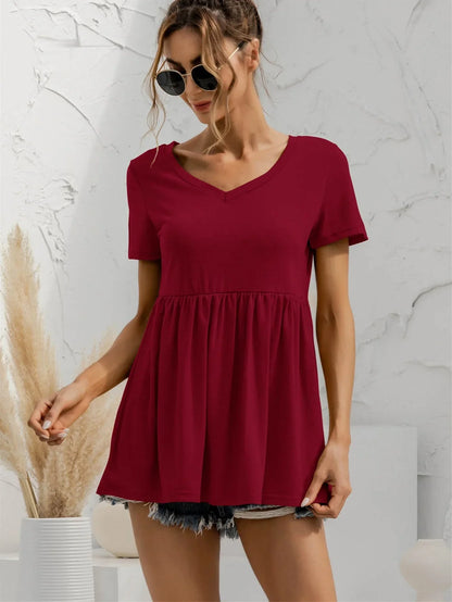 V - Neck Short Sleeve Babydoll Top - VILLA FASHION