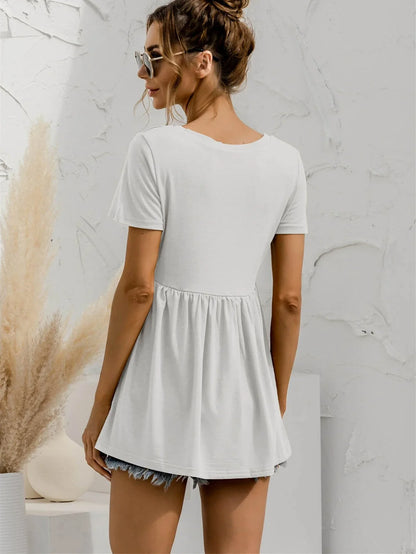 V - Neck Short Sleeve Babydoll Top - VILLA FASHION