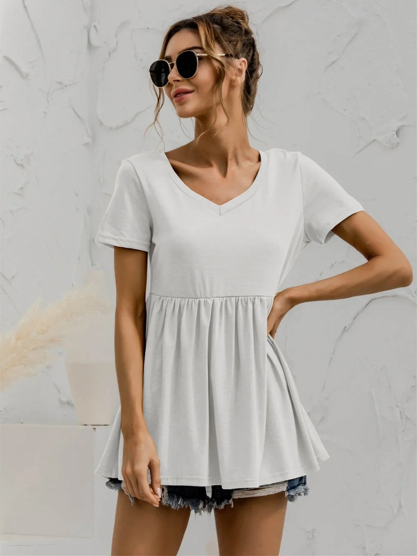 V - Neck Short Sleeve Babydoll Top - VILLA FASHION