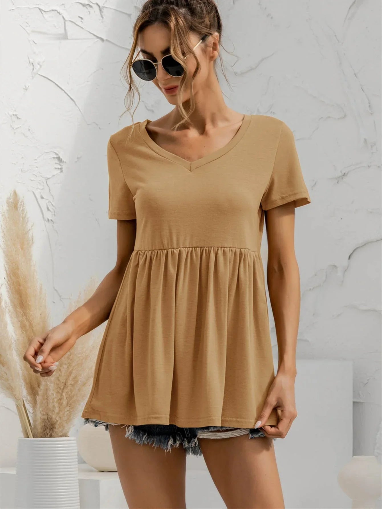V - Neck Short Sleeve Babydoll Top - VILLA FASHION