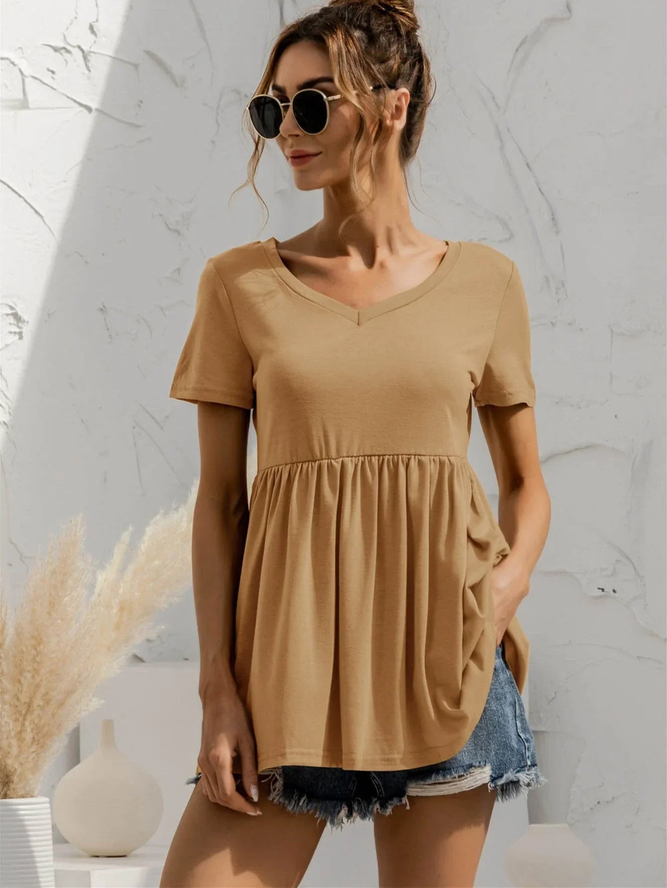 V - Neck Short Sleeve Babydoll Top - VILLA FASHION