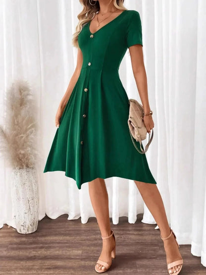 V - Neck Short Sleeve Dress - VILLA FASHION