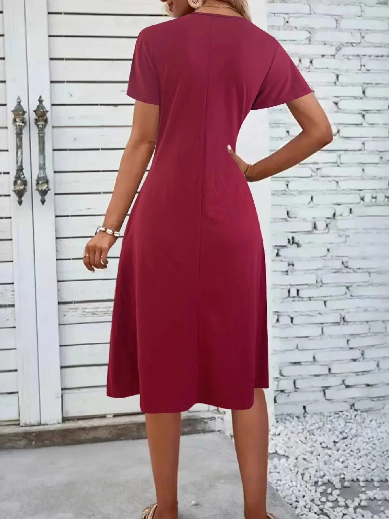 V - Neck Short Sleeve Midi Dress - VILLA FASHION